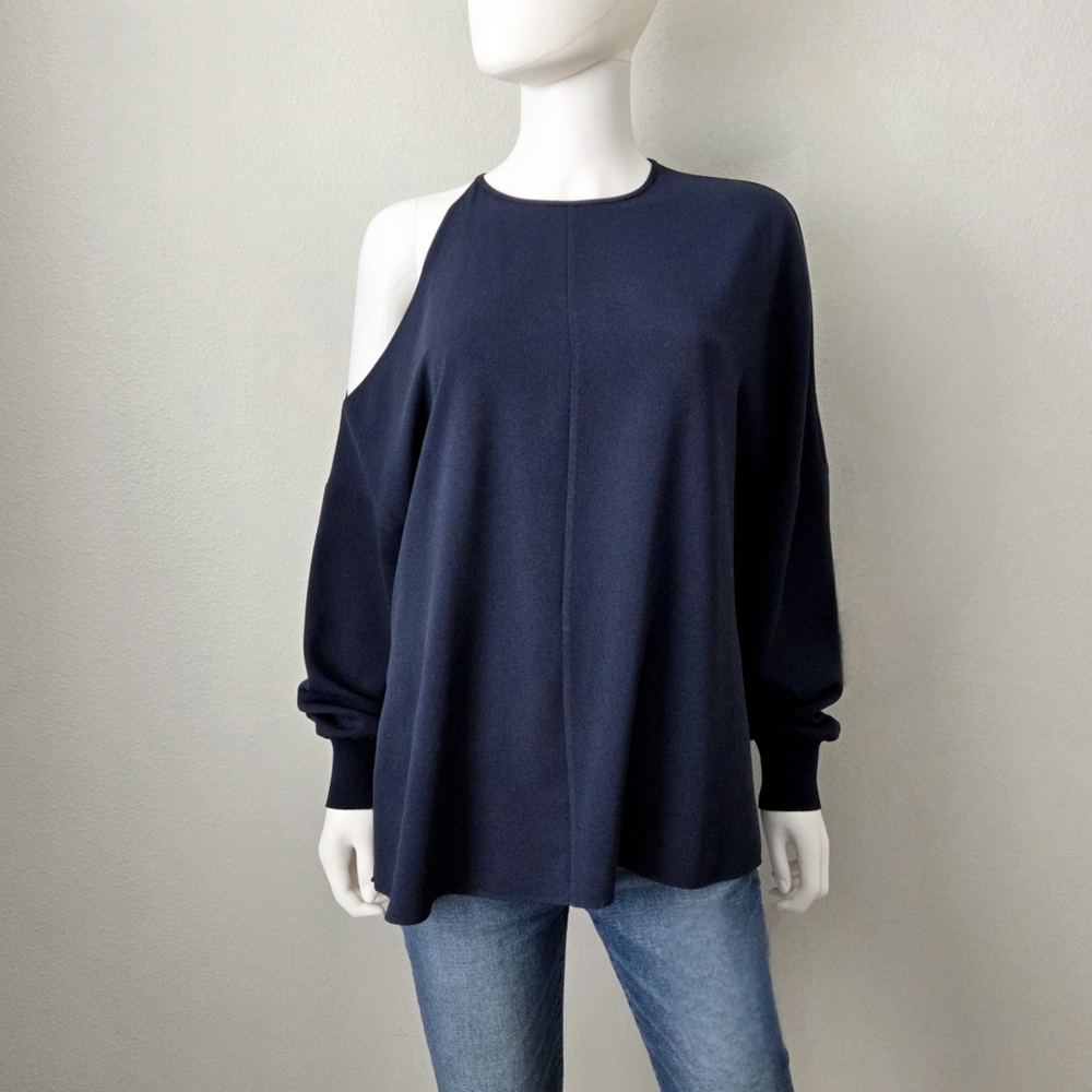 Tibi Navy Blue Long Sleeve Crepe Blouse With Single Cold Shoulder, Size Small